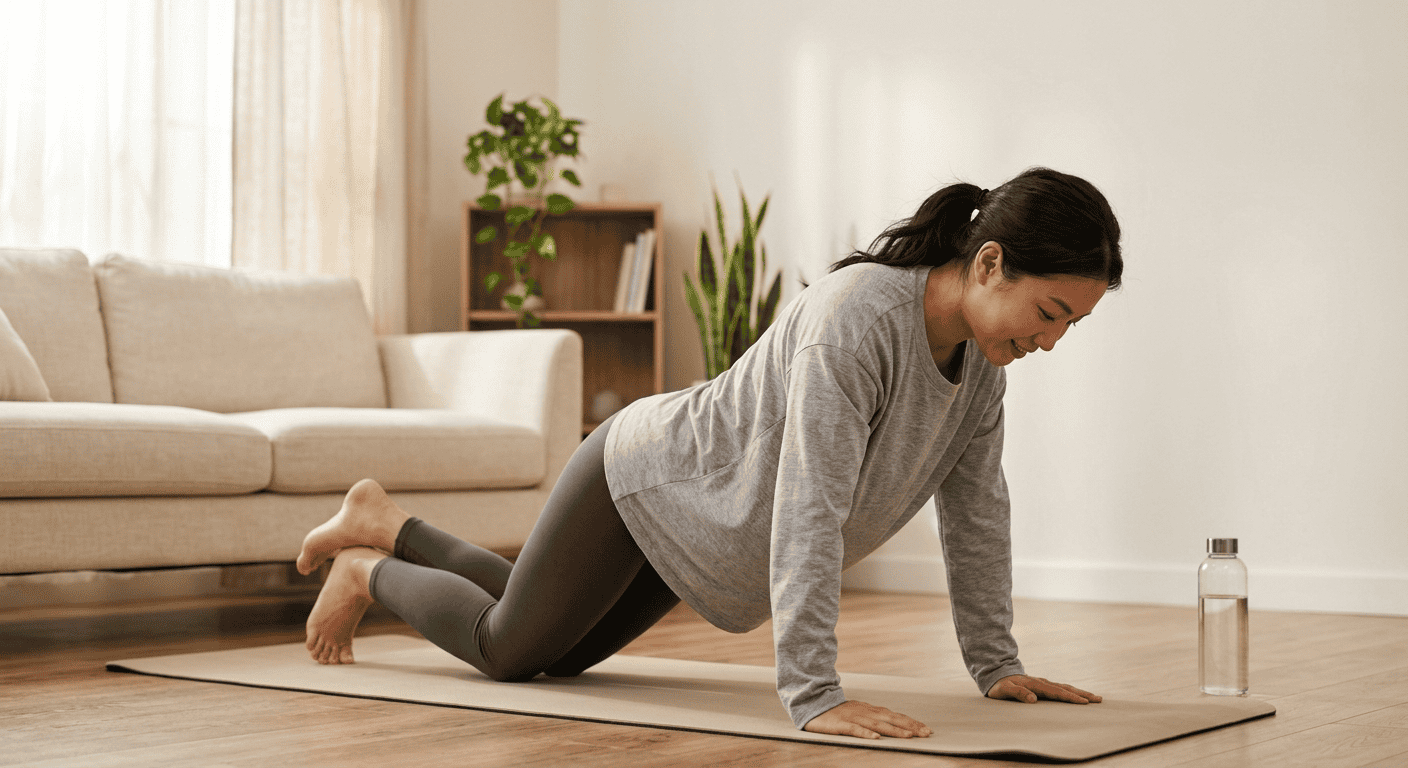 A woman performing a modified push-up from her knees on a mat in a bright living room during a beginner full-body home workout