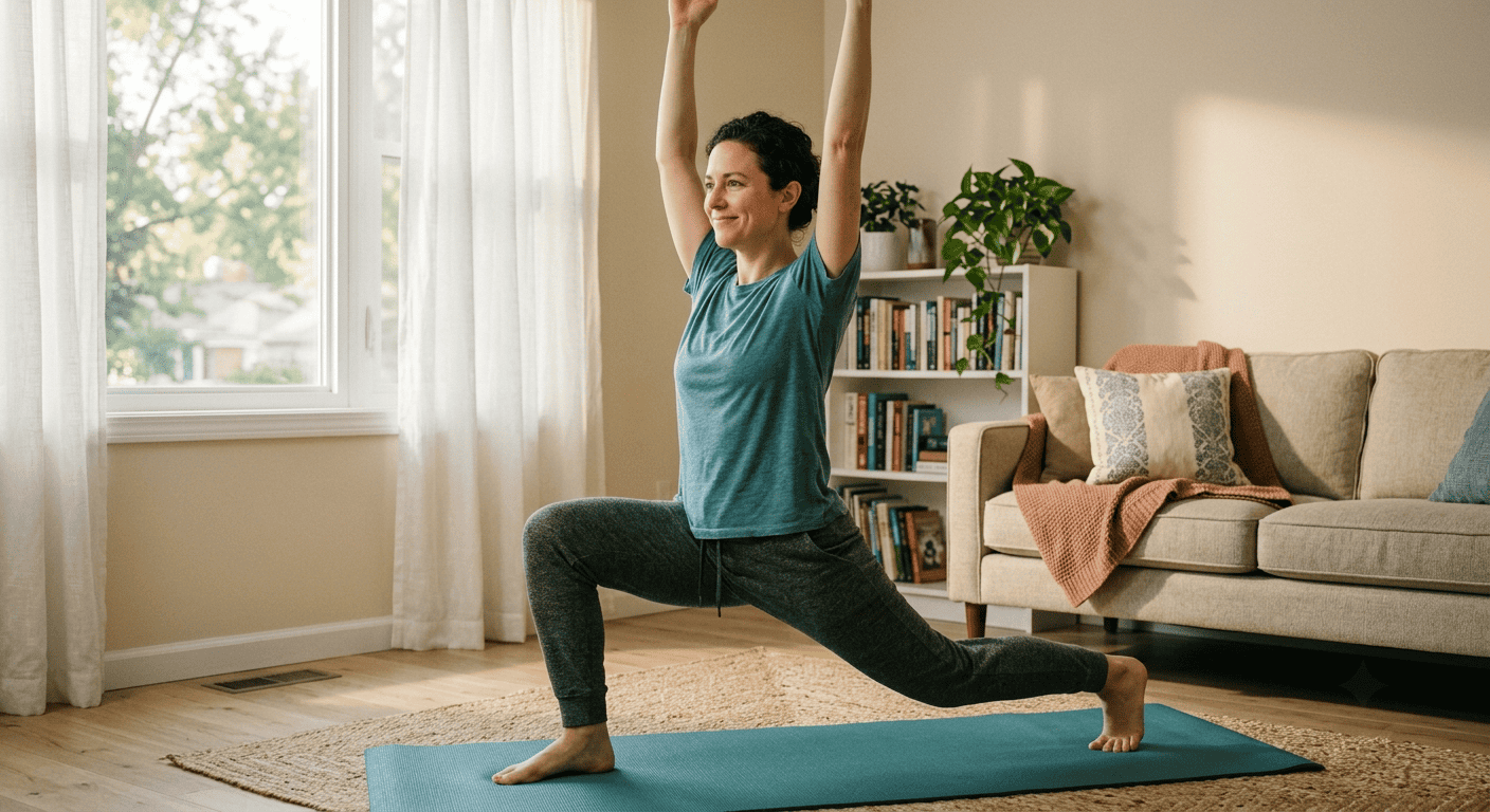 A smiling woman doing a standing overhead stretch on a teal yoga mat in a bright, plant-filled living room during a beginner home workout