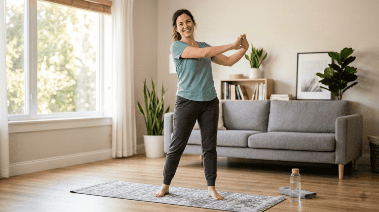 A smiling woman warming up with a standing arm stretch on a mat in a bright living room, ready for a beginner home workout with no equipment