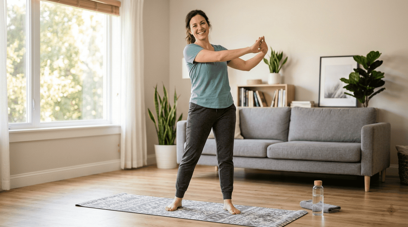 A smiling woman warming up with a standing arm stretch on a mat in a bright living room, ready for a beginner home workout with no equipment
