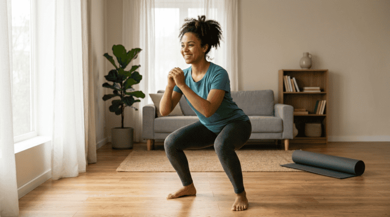 A smiling woman doing a bodyweight squat on a wood floor at home, demonstrating a beginner leg exercise with no equipment