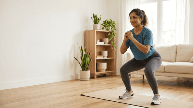 A woman in a teal shirt doing a bodyweight squat in a bright living room, demonstrating a no-equipment beginner home workout