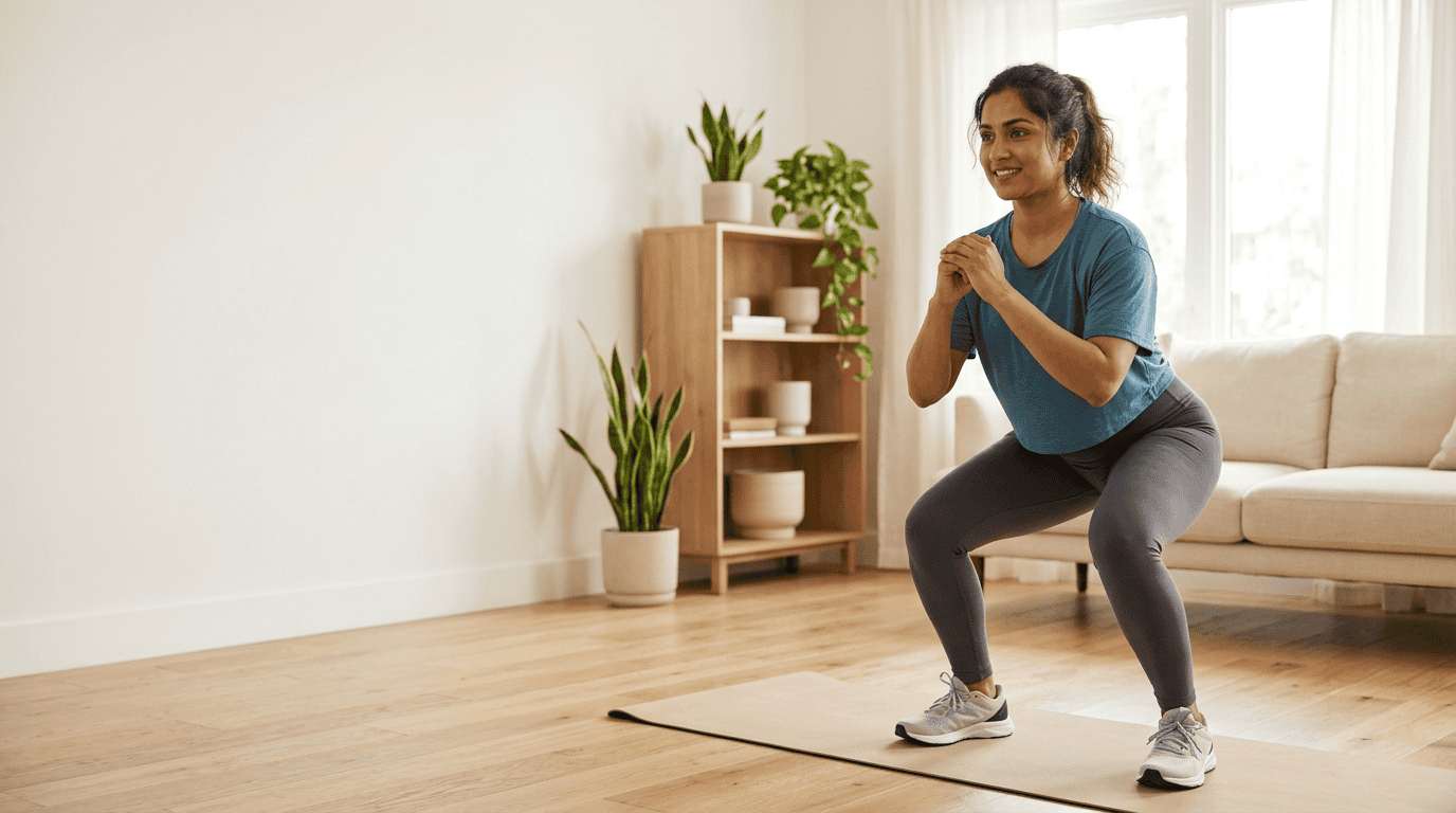 A woman in a teal shirt doing a bodyweight squat in a bright living room, demonstrating a no-equipment beginner home workout