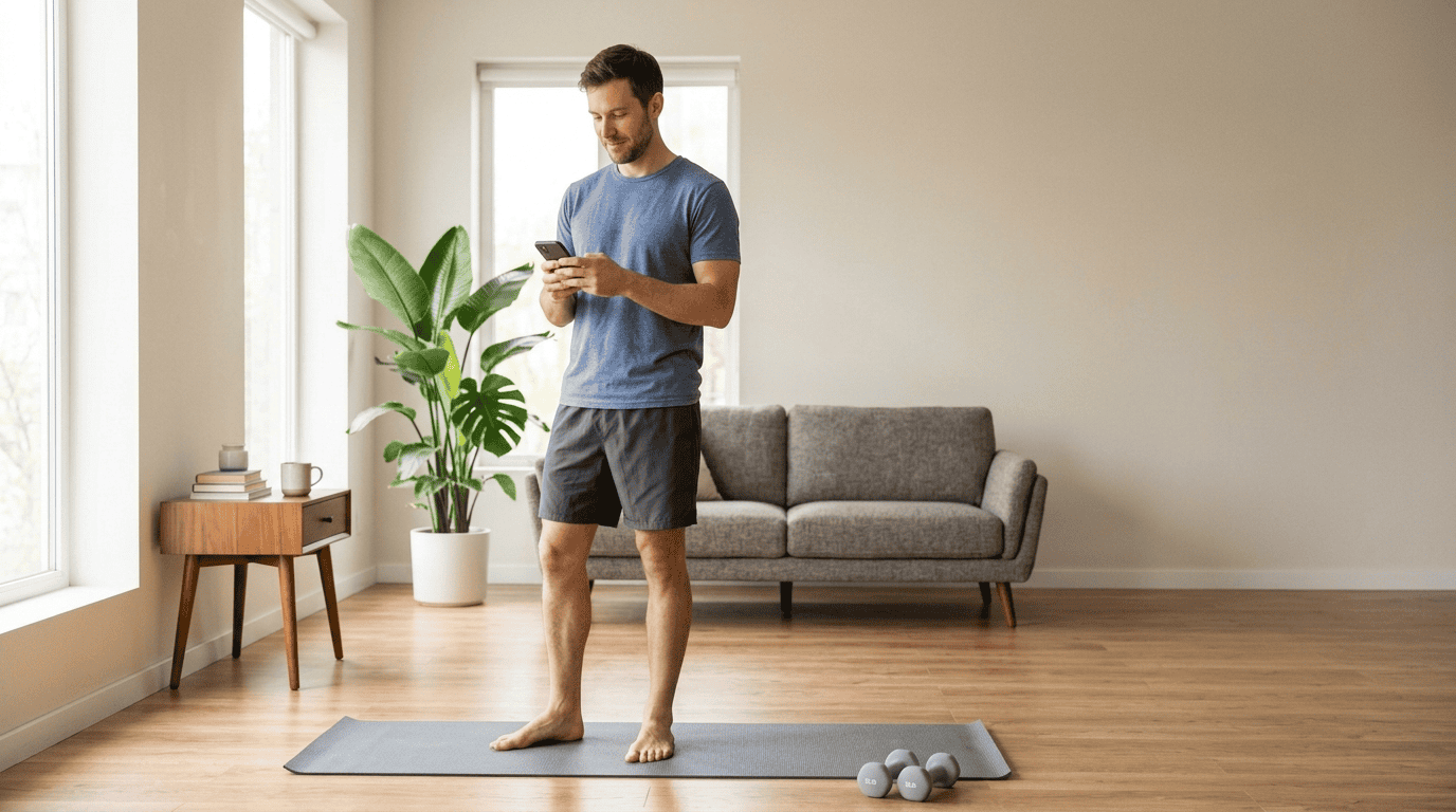A man in a bright living room checking a workout on his phone, with light dumbbells on the mat, ready to start a beginner home workout
