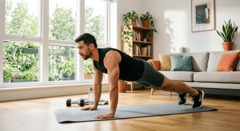 A man holding a strong plank position on an exercise mat at home with a dumbbell and water bottle nearby during a beginner bodyweight workout