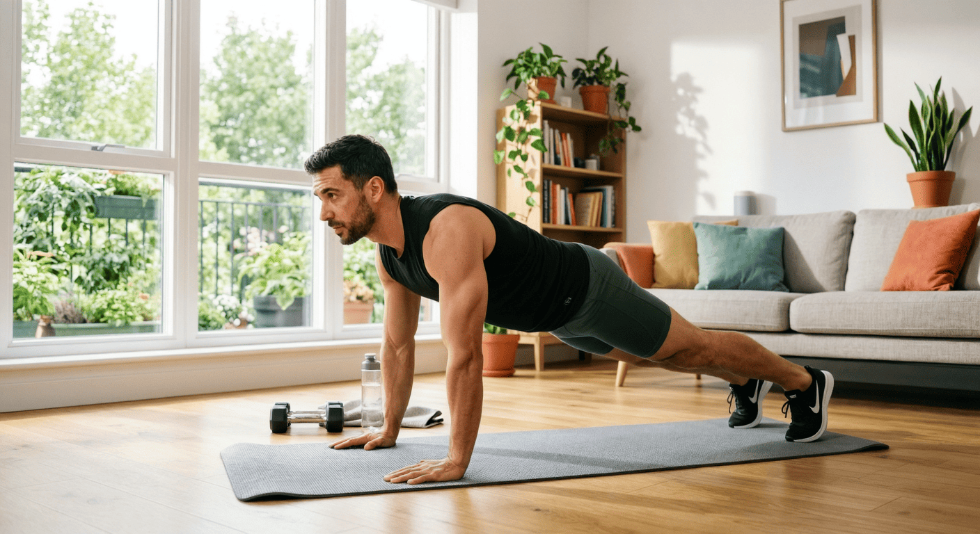 A man holding a strong plank position on an exercise mat at home with a dumbbell and water bottle nearby during a beginner bodyweight workout
