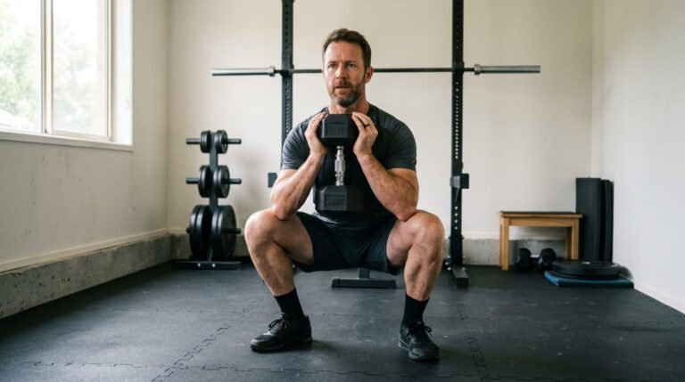 Man holding the bottom of a dumbbell goblet squat in a home gym during a 2-2-2 method workout