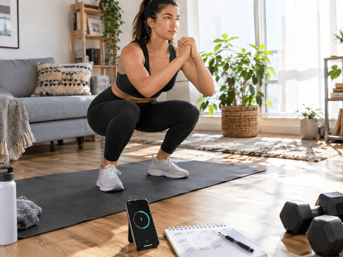 Woman doing squats at home during a timed AMRAP workout with a countdown timer nearby
