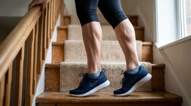 Close-up of a calf raise on a stair with the heels dropped below the step during a calf workout at home