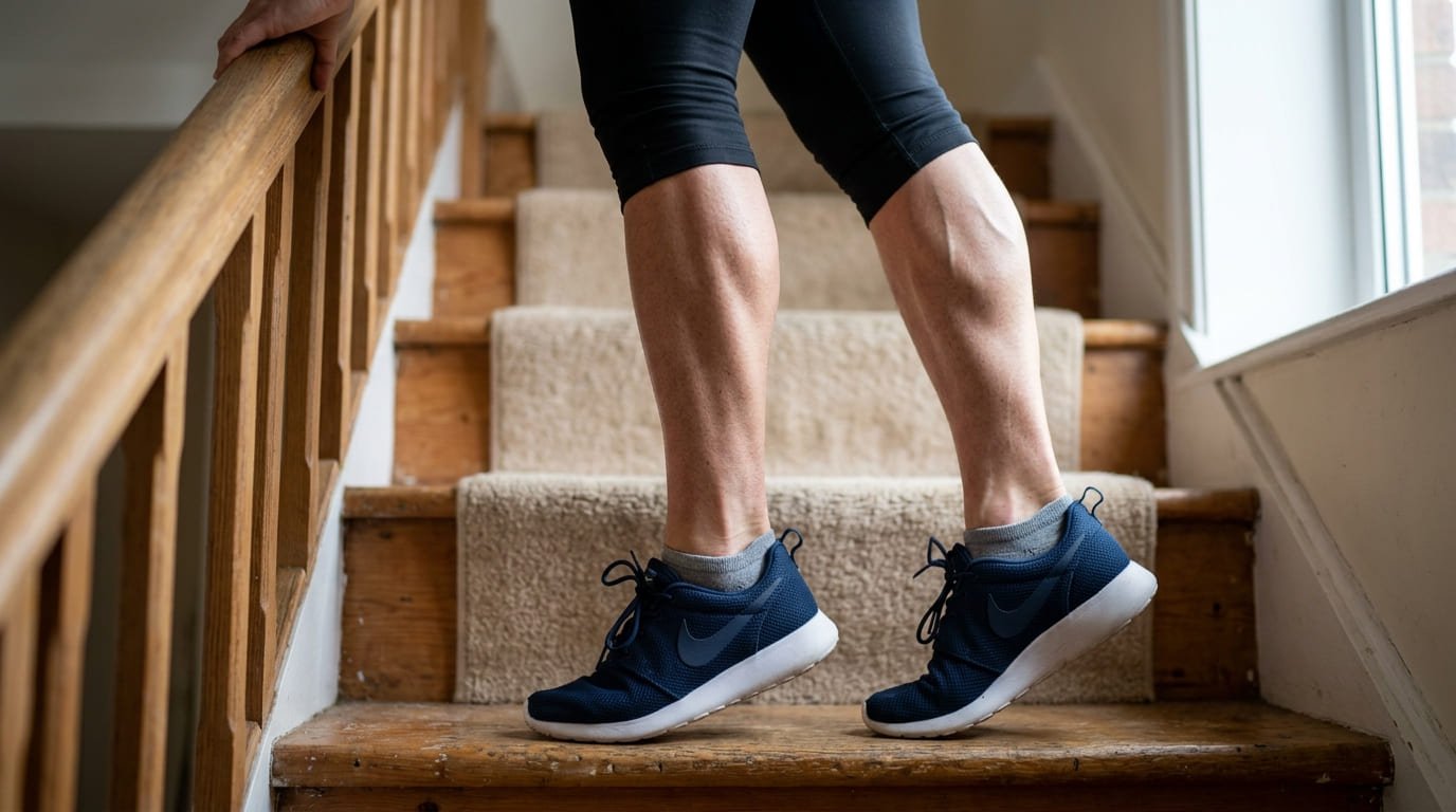 Close-up of a calf raise on a stair with the heels dropped below the step during a calf workout at home