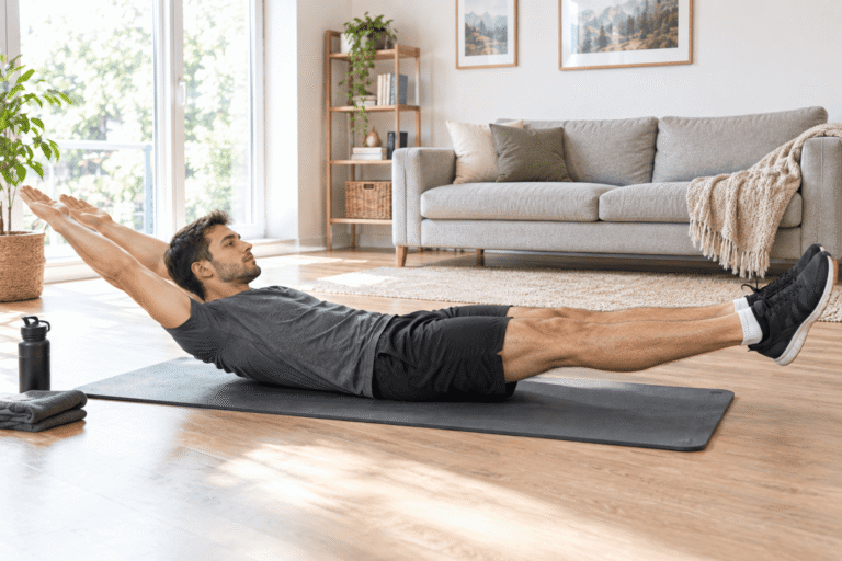 Man holding a hollow body position on a mat during a calisthenics core workout