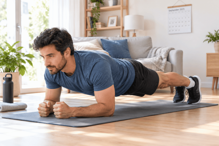 Man holding a forearm plank on a mat as part of his core training routine
