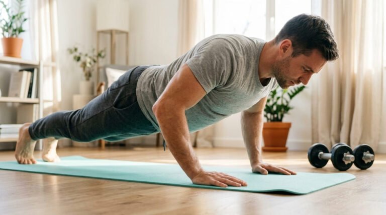 Man holding a push-up position on a mat during a chest and abs workout at home