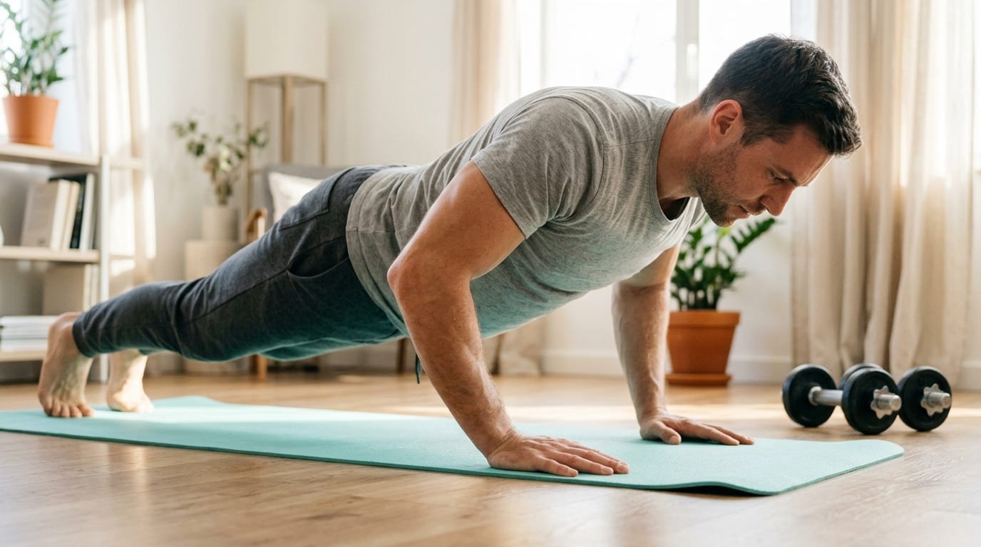 Man holding a push-up position on a mat during a chest and abs workout at home