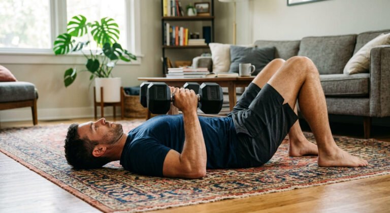 Man doing a dumbbell floor press at home, upper arms resting on the floor at the bottom of the movement