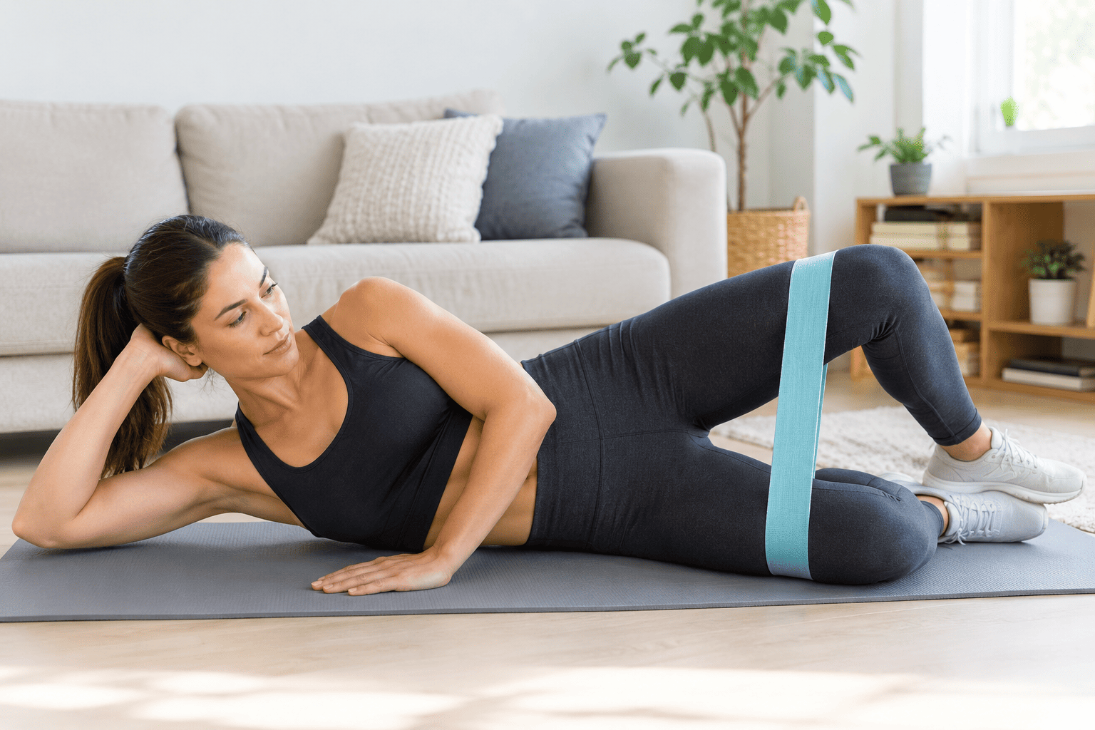 Woman doing a clamshell exercise on a mat with a resistance band above her knees and hips stacked