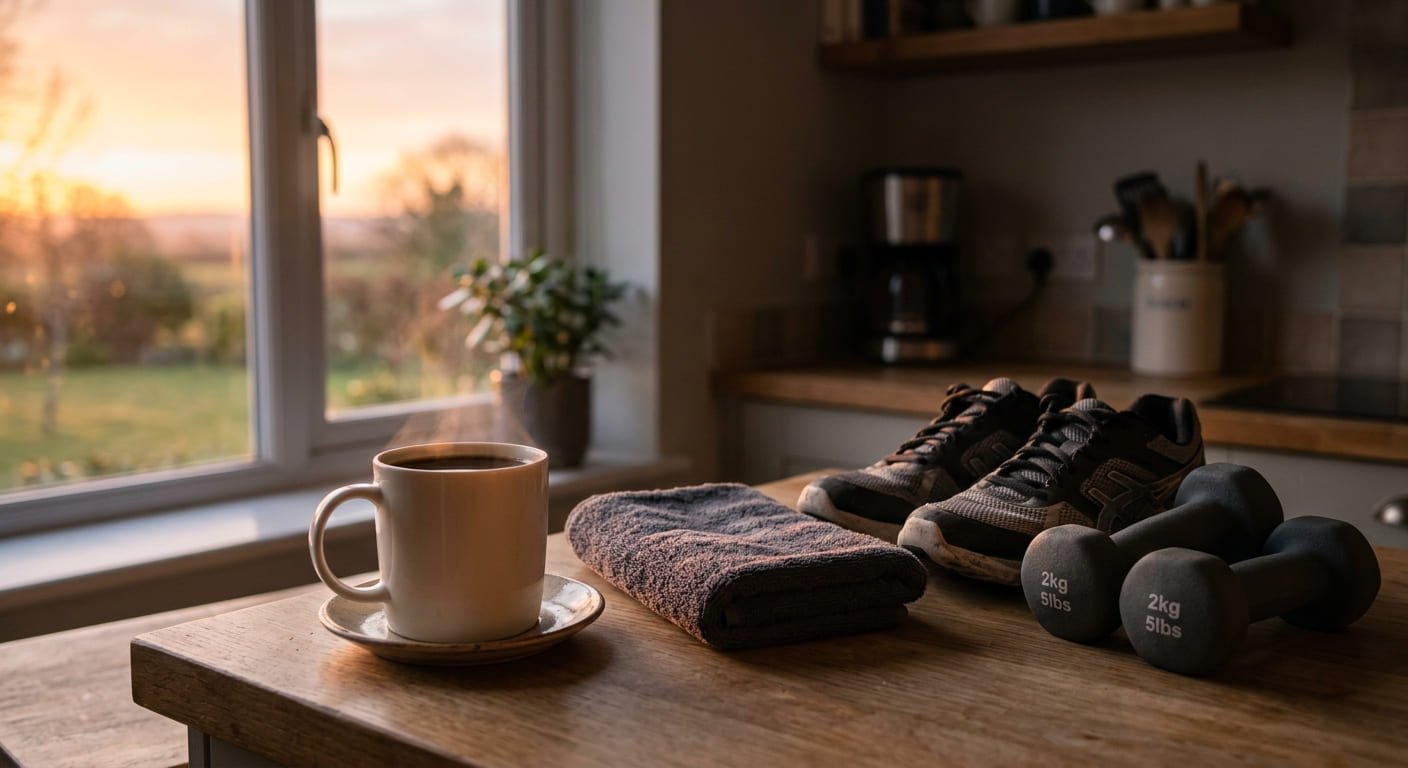 Cup of black coffee on a kitchen counter next to trainers and dumbbells before a workout