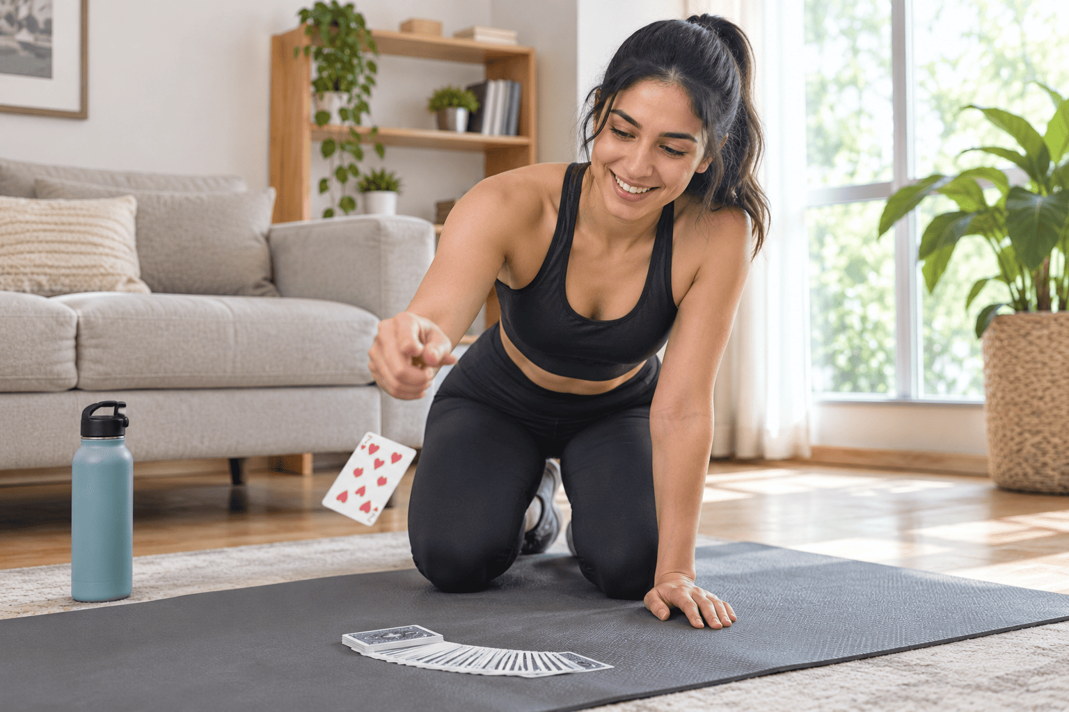 Woman flipping a playing card from a deck on her exercise mat during a deck of cards workout at home