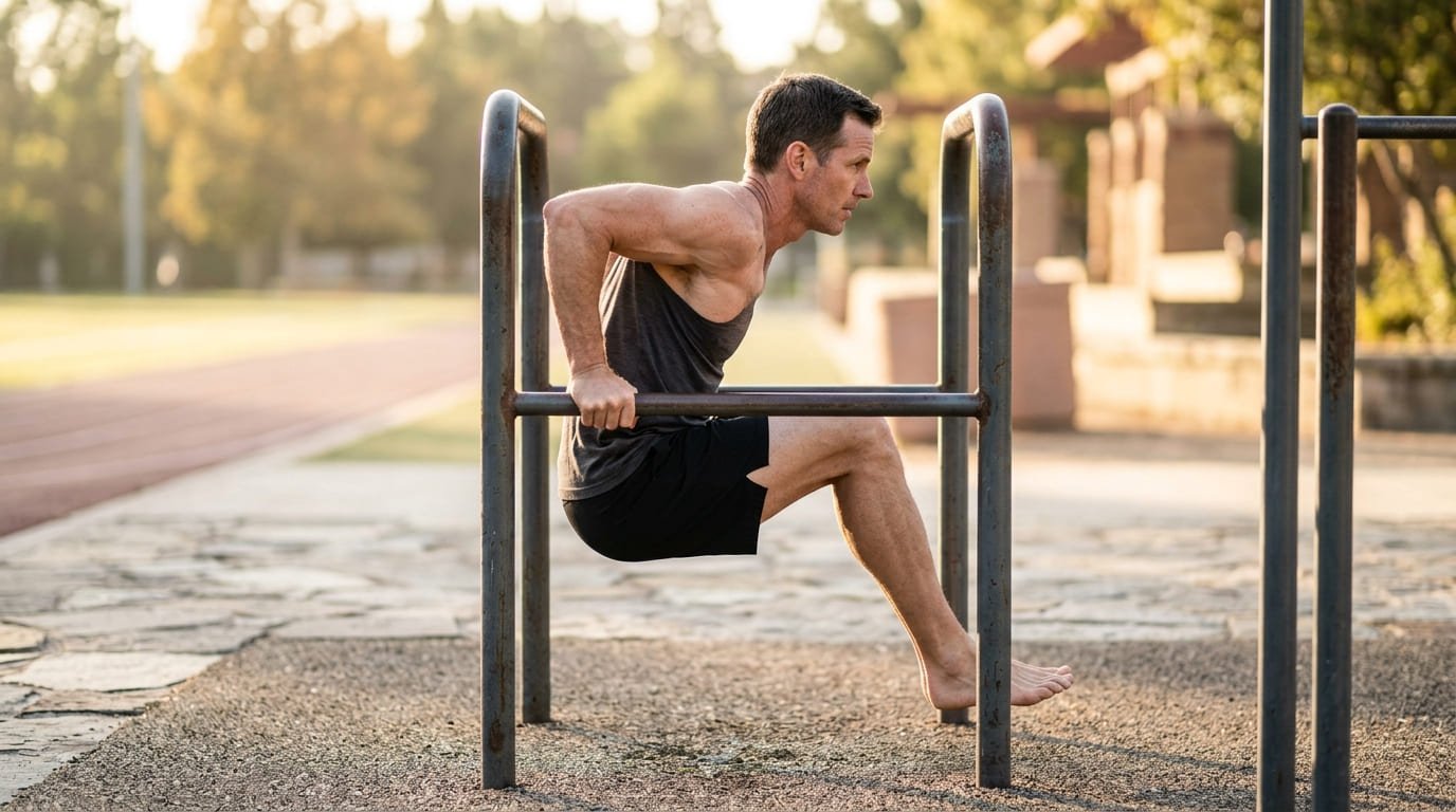 Man at the bottom of a parallel bar dip with an upright torso and elbows tucked back