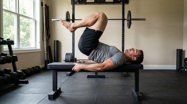 Man holding a tuck dragon flag on a weight bench with hips lifted and knees drawn to his chest