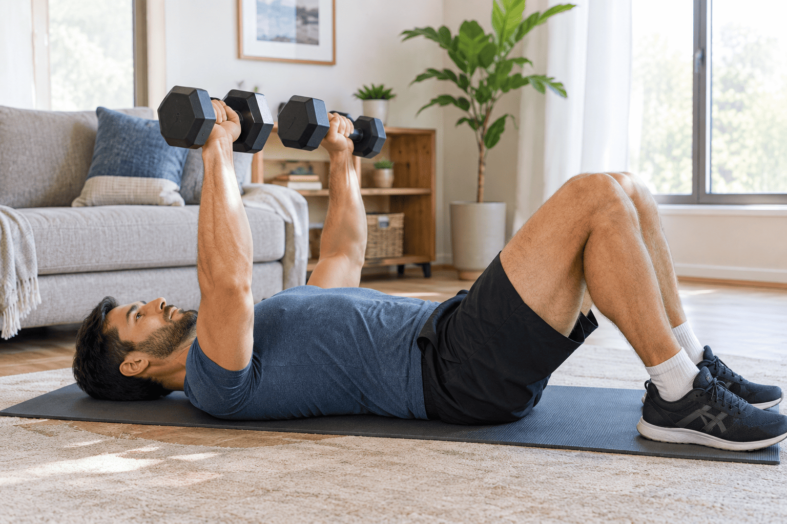Man doing a dumbbell floor press on a mat at home with no bench