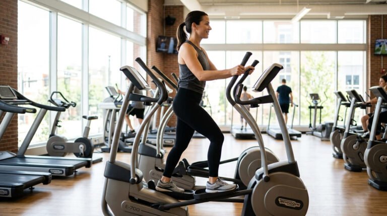 Woman using an elliptical machine with upright posture and hands on the moving handles