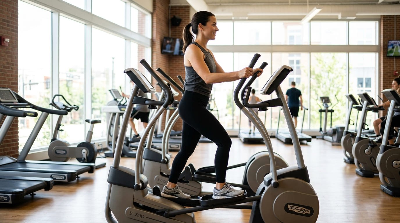 Woman using an elliptical machine with upright posture and hands on the moving handles