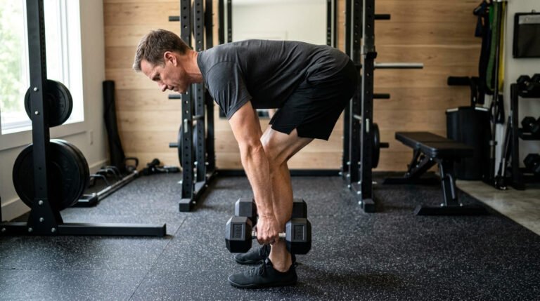 Man hinged forward with a flat back holding dumbbells at his shins during a Romanian deadlift