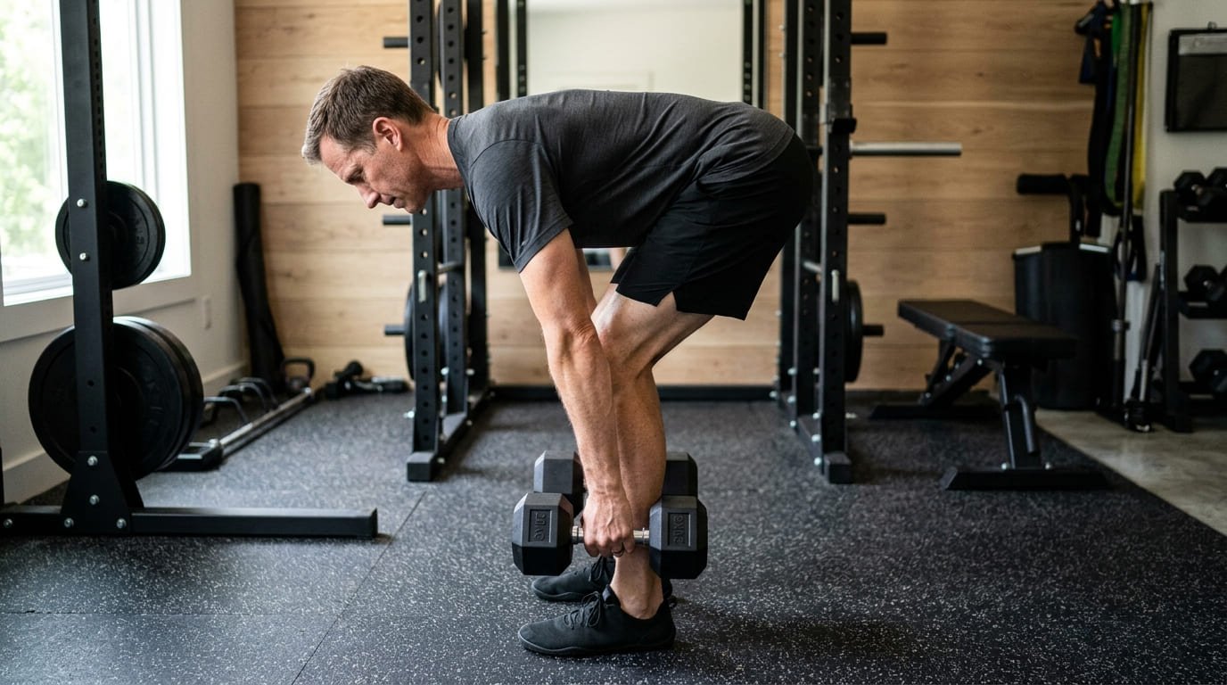 Man hinged forward with a flat back holding dumbbells at his shins during a Romanian deadlift