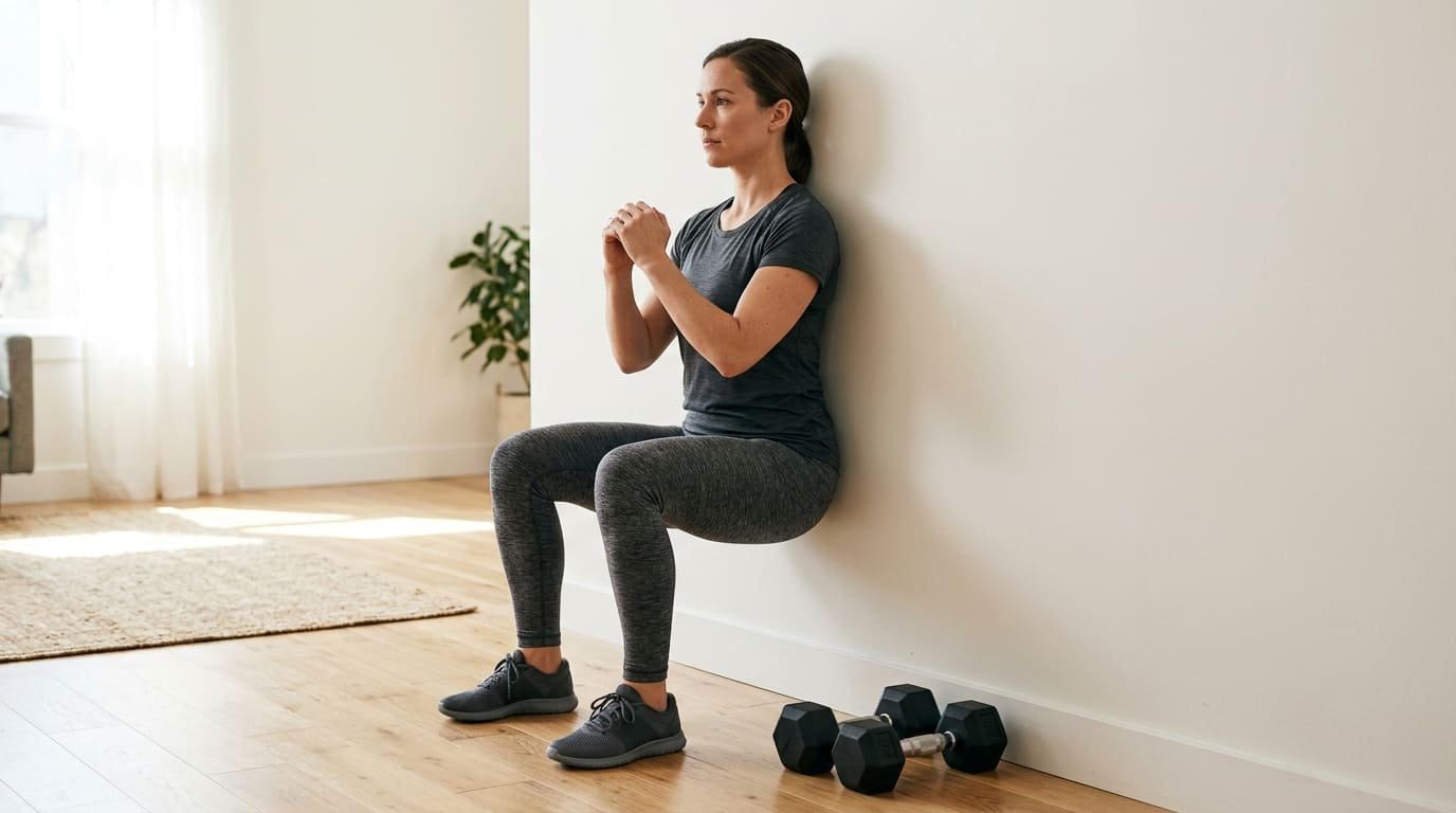 Woman holding a wall sit with thighs parallel to the floor, an example of an isometric exercise