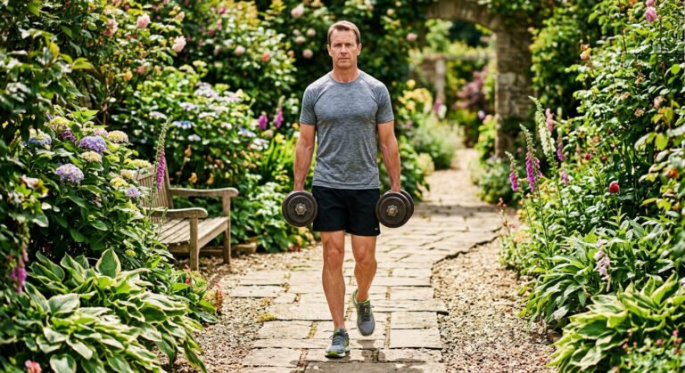 Man doing a farmer's carry with a dumbbell in each hand along a garden path