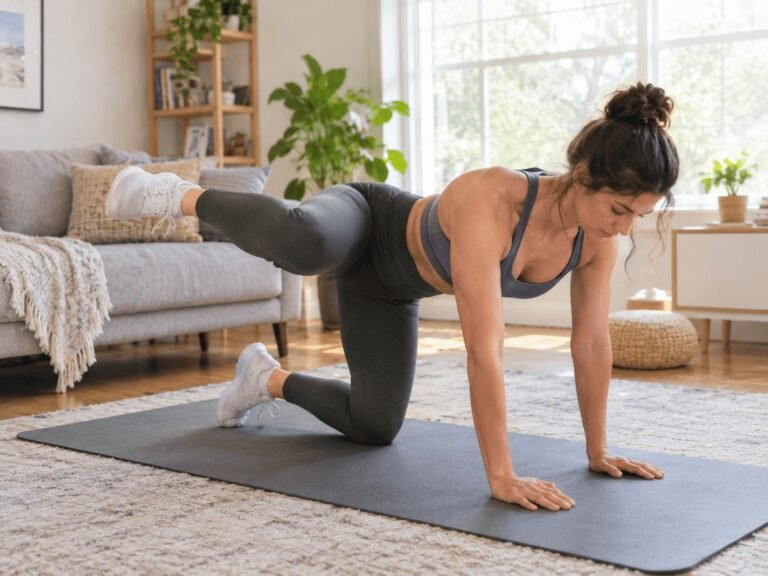 Woman performing a fire hydrant exercise on all fours with her knee lifted out to the side