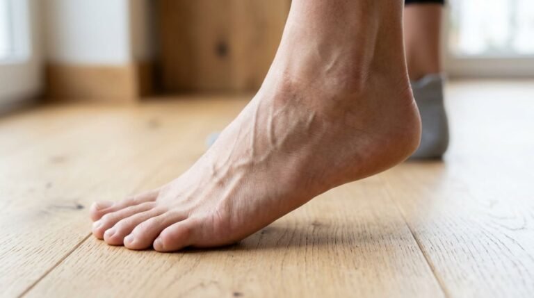 Close-up of a bare foot on a wooden floor with the arch lifted during the short foot exercise