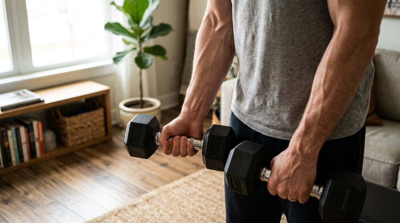Man gripping dumbbells at his sides during a forearm workout at home