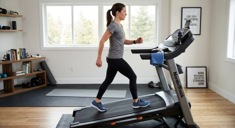Woman walking briskly on a steeply inclined treadmill at home during a hard interval