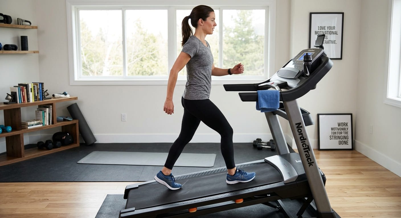 Woman walking briskly on a steeply inclined treadmill at home during a hard interval