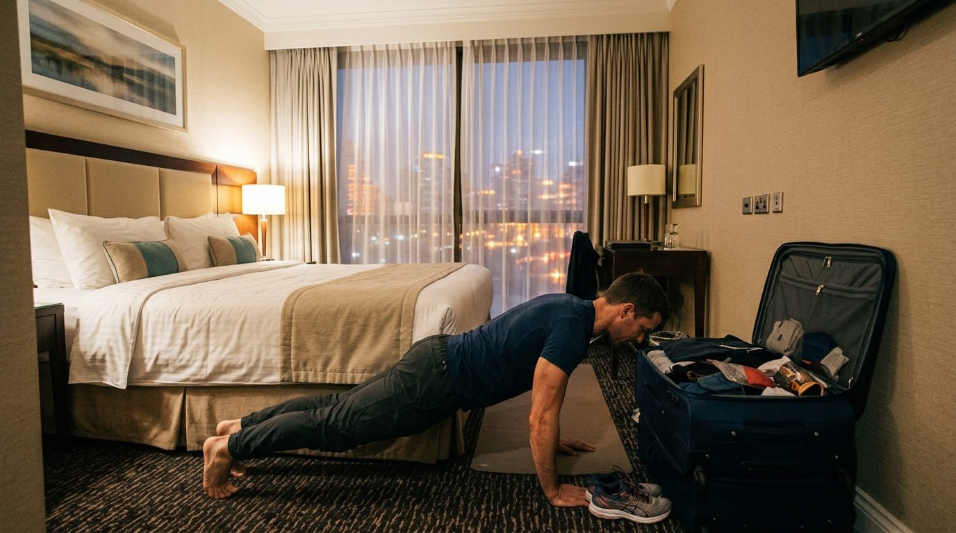 Man doing a push-up on the floor beside the bed during a hotel room workout