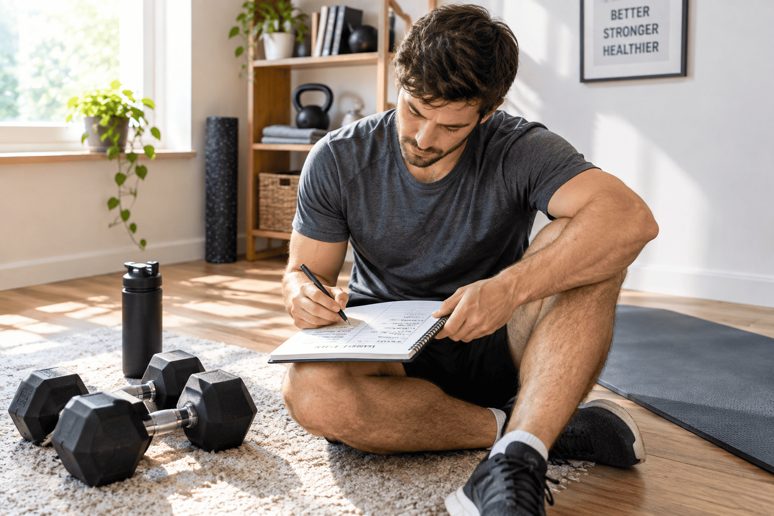 Man planning his workout in a notebook next to dumbbells and an exercise mat