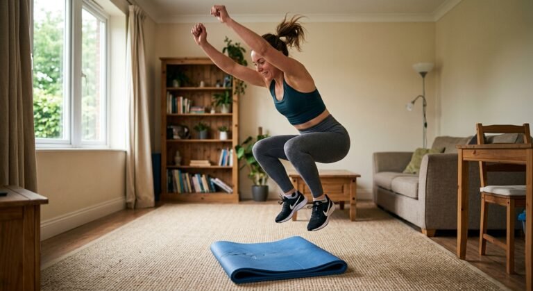 Woman in trainers mid-air during a jump squat on a yoga mat in her living room