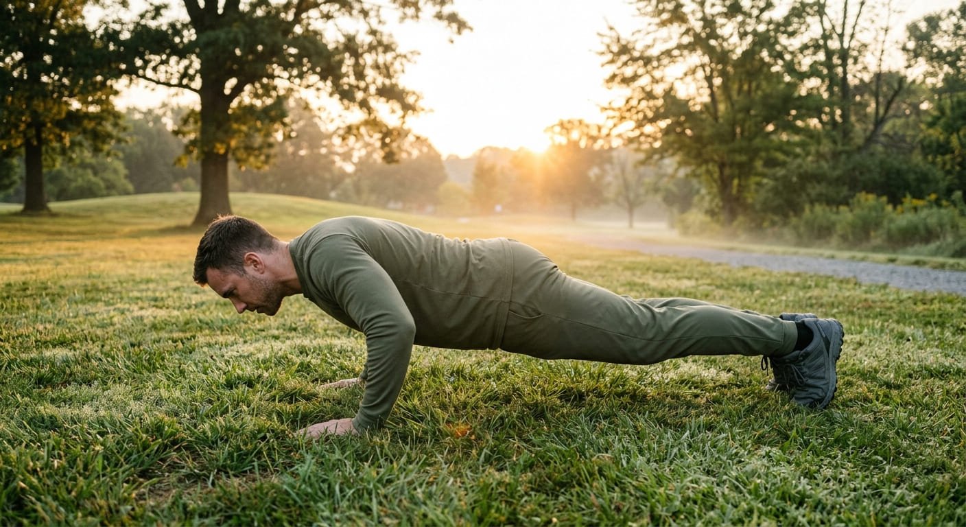 Man doing push-ups on grass at sunrise during a military-style calisthenics workout