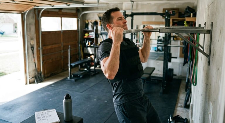 Man doing pull-ups in a weighted vest during a Murph workout in a garage gym
