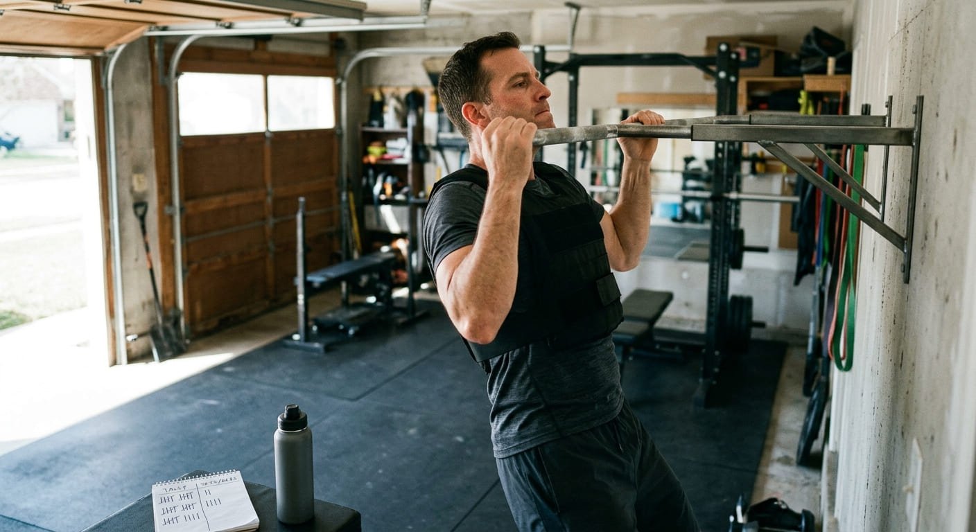 Man doing pull-ups in a weighted vest during a Murph workout in a garage gym