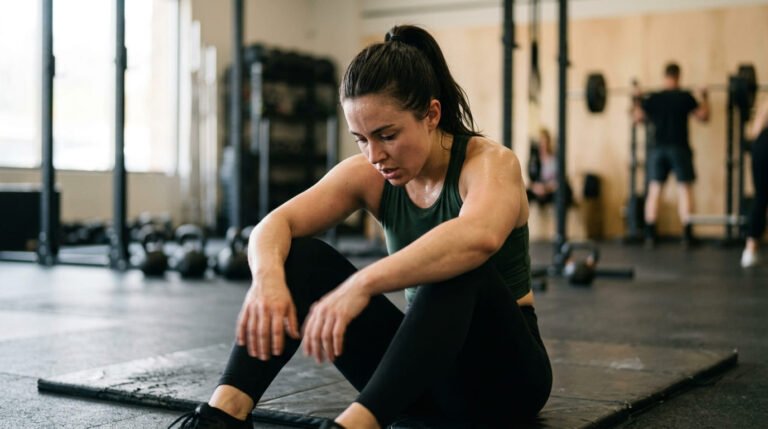 Man sitting on the gym floor catching his breath as his muscles shake after a workout