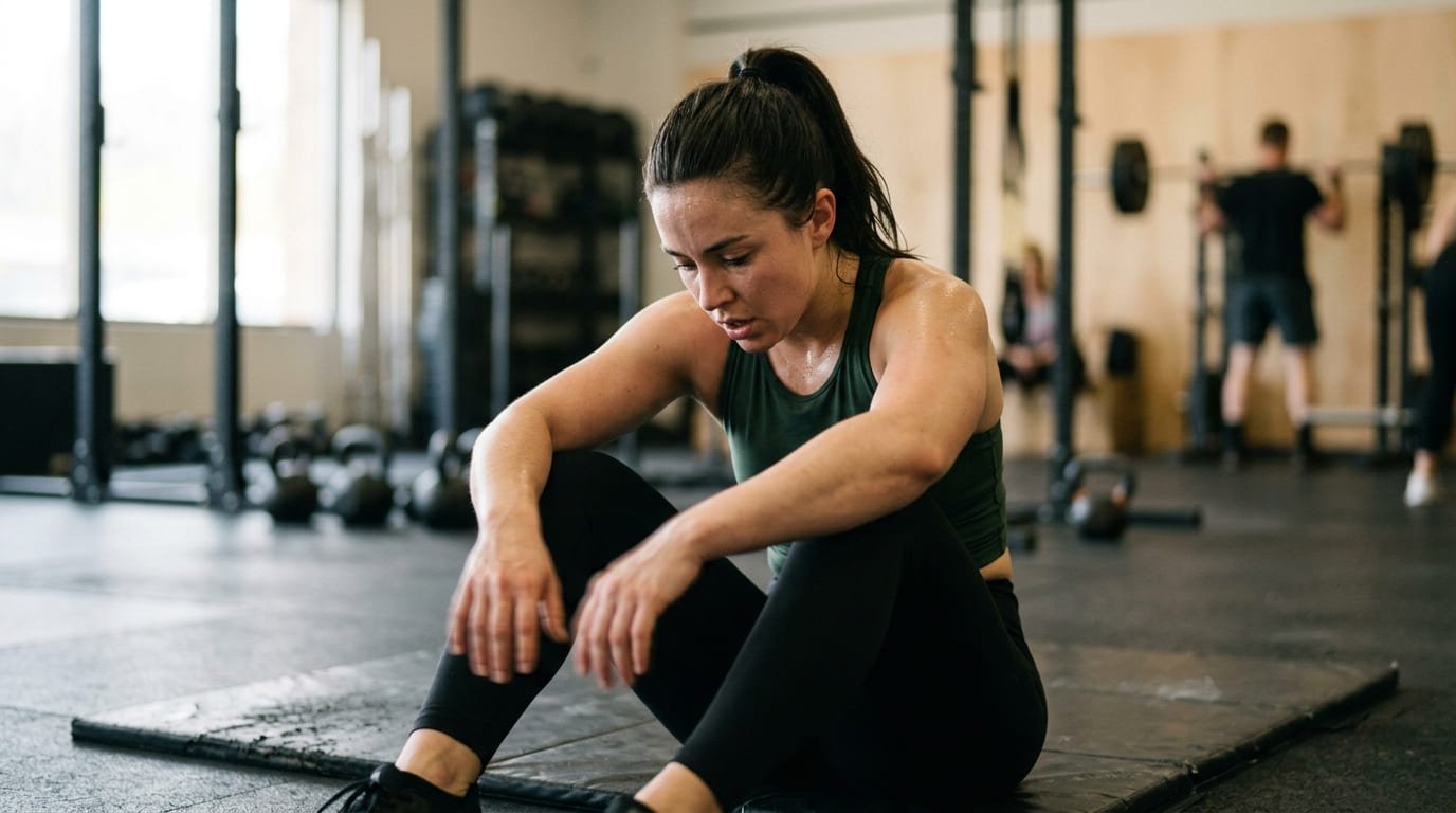 Man sitting on the gym floor catching his breath as his muscles shake after a workout