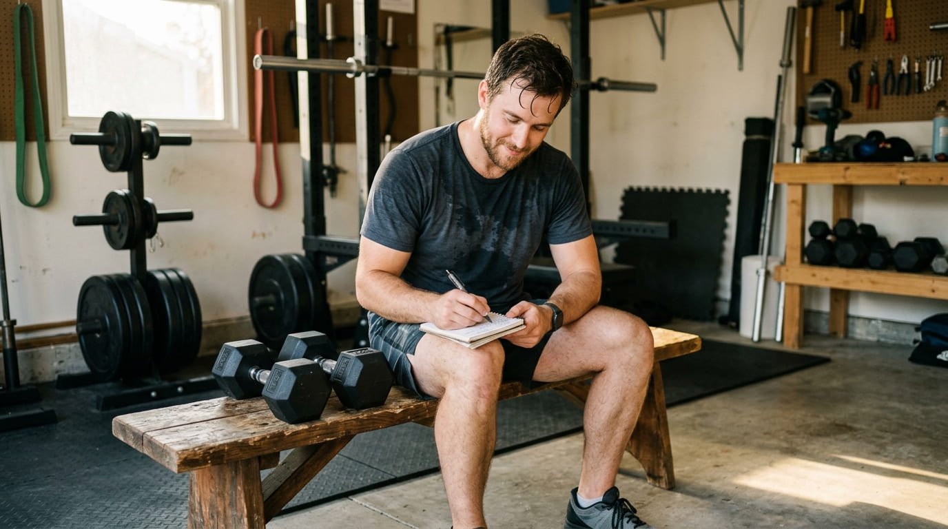 Man sitting on a bench in a garage gym writing in a training log after a workout