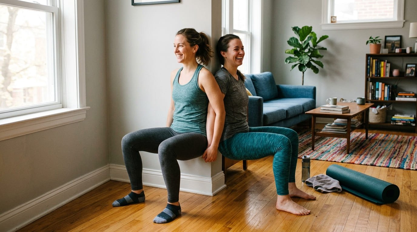 Two women doing a back-to-back wall sit together in a living room during a partner workout