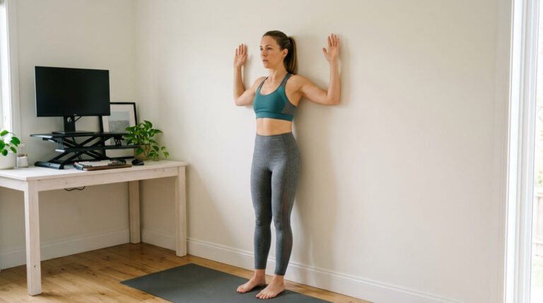 Woman doing a wall angel against a wall beside a standing desk during a posture exercise routine