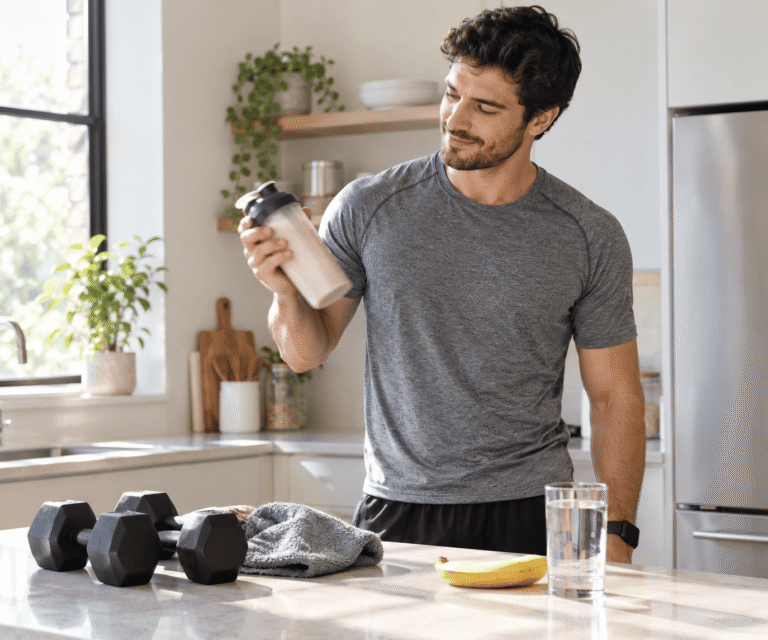 Man shaking a protein shake in his kitchen after a home workout