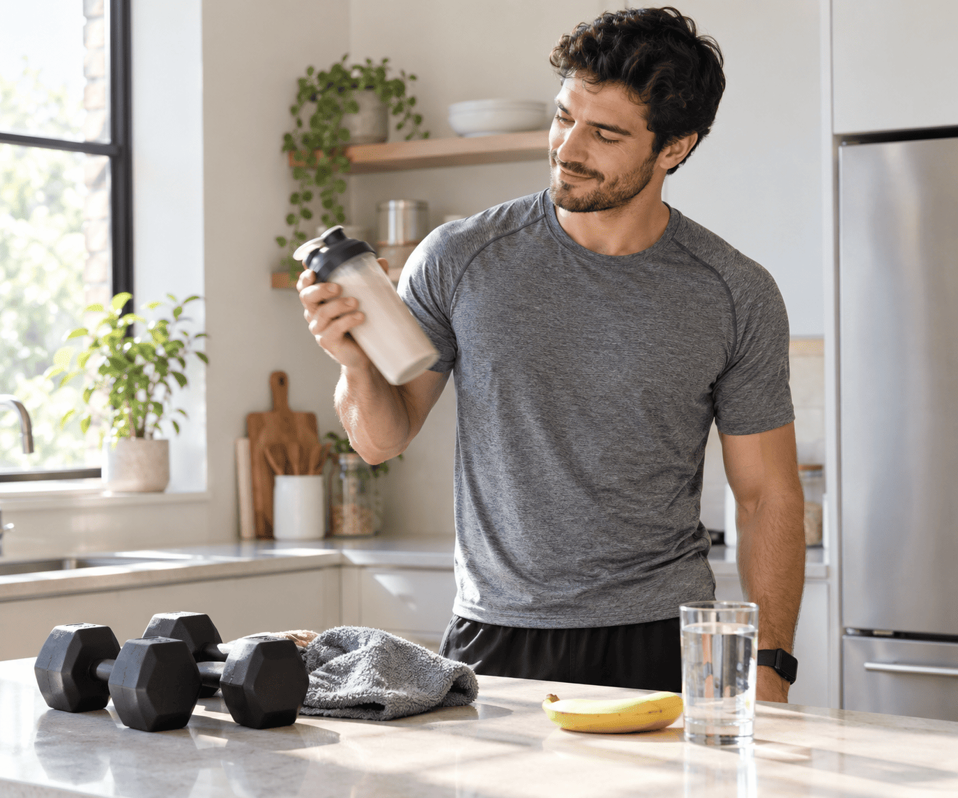 Man shaking a protein shake in his kitchen after a home workout