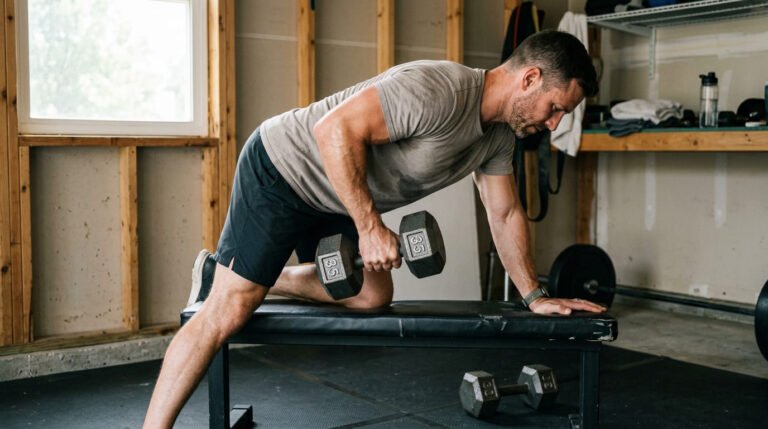 Man doing a one-arm dumbbell row on a bench in a garage gym during a pull day workout